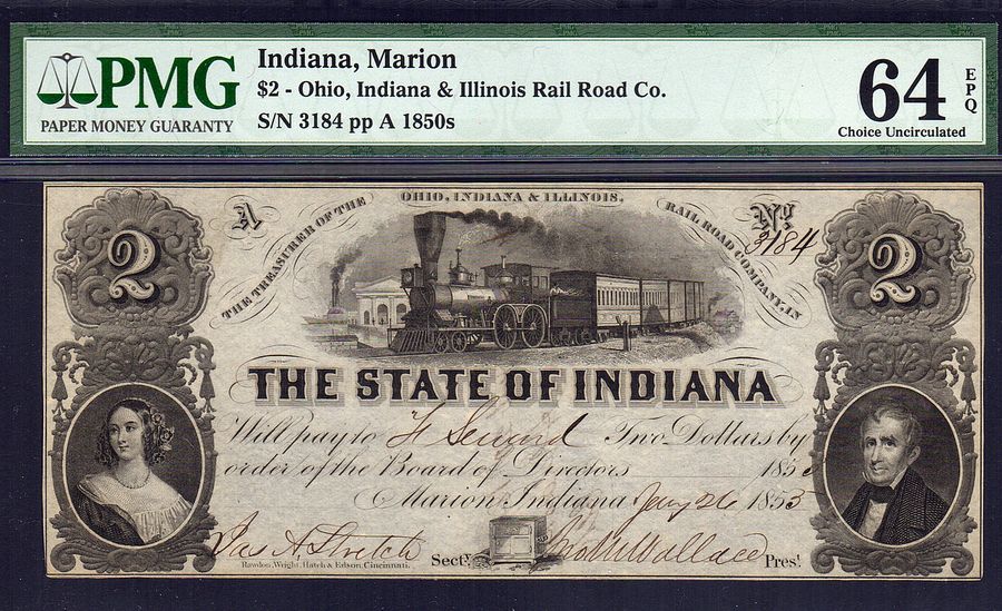 Marion, IN, 1853 $2, Ohio, Indiana & Illinois Rail Road Co., PMG-64 EPQ